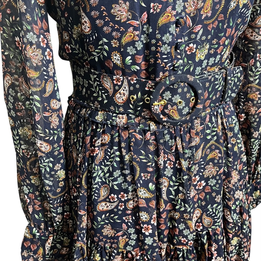 Nicholas Silk Floral Paisley Belted Mini Dress Navy Blue‎ Long Sleeve Size 4 - Picture 4 of 13